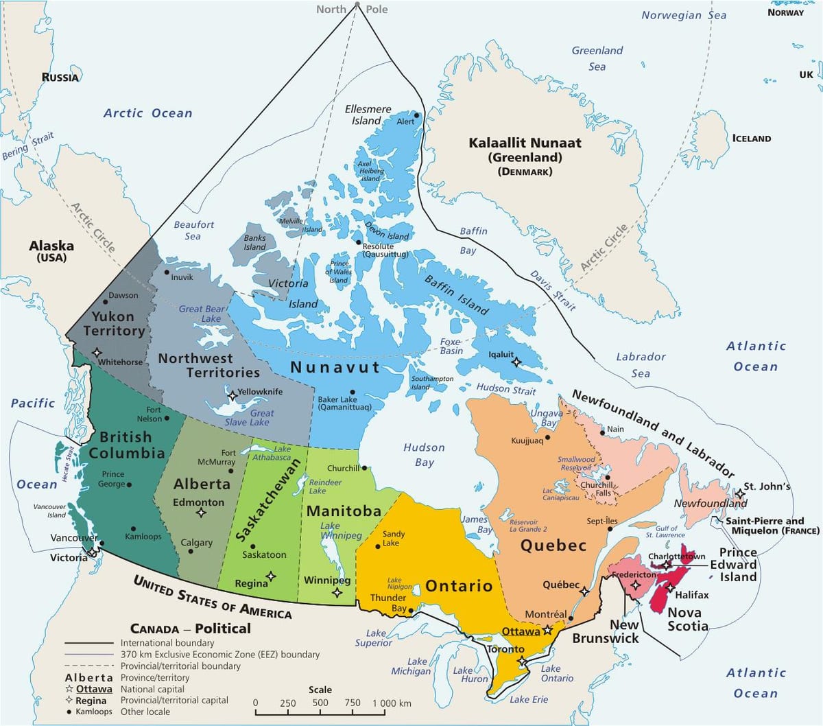 farbige Karte von Kanada mit den Provinzen